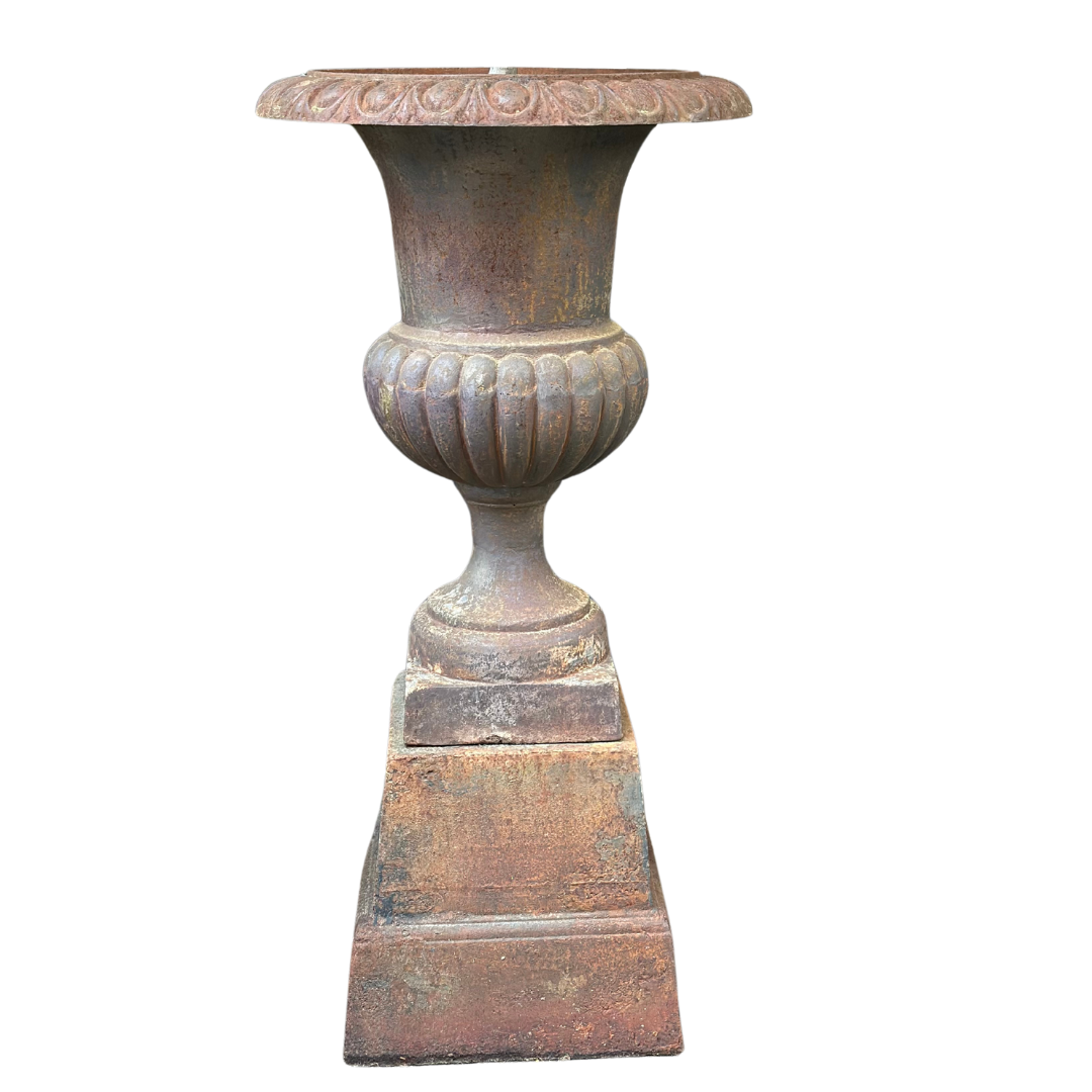Pair of Classical Medici Form Cast Iron Style Urns on Stands
