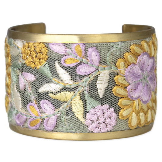 Floral Embroidered Cuff Bracelet - Lavender & Yellow