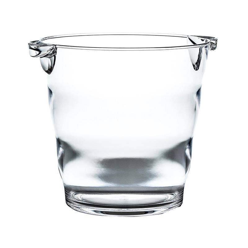 An Acrylic Ice Bucket with a sleek and straightforward design, akin to a wine cooler, equipped with two small side handles. Its smooth and transparent surface exudes elegance as it sits empty against a plain white background.