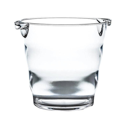 An Acrylic Ice Bucket with a sleek and straightforward design, akin to a wine cooler, equipped with two small side handles. Its smooth and transparent surface exudes elegance as it sits empty against a plain white background.