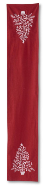 Red Table Runner with Embroidered Christmas Trees