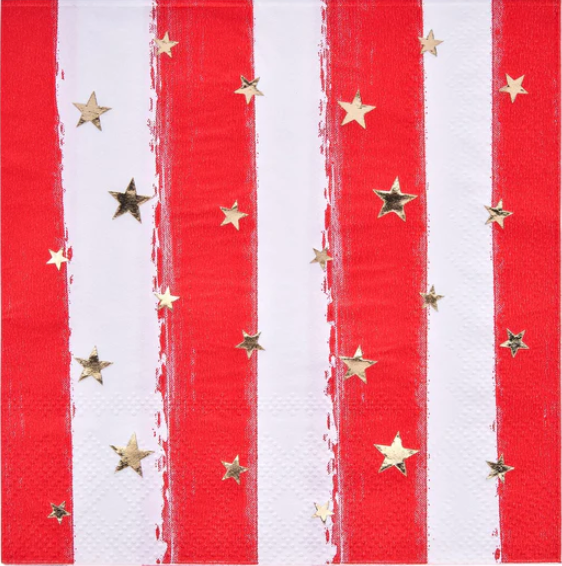 Featuring red and white vertical stripes with scattered small gold stars, the Cocktail Napkin Patriotic Confetti (20-pack) evokes the charm of the American Flag. These napkins are ideal for adding a touch of patriotic elegance to any sophisticated gathering.