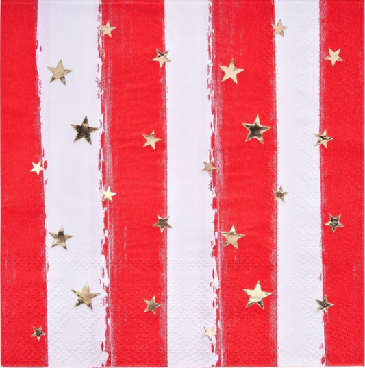 Featuring red and white vertical stripes with scattered small gold stars, the Cocktail Napkin Patriotic Confetti (20-pack) evokes the charm of the American Flag. These napkins are ideal for adding a touch of patriotic elegance to any sophisticated gathering.