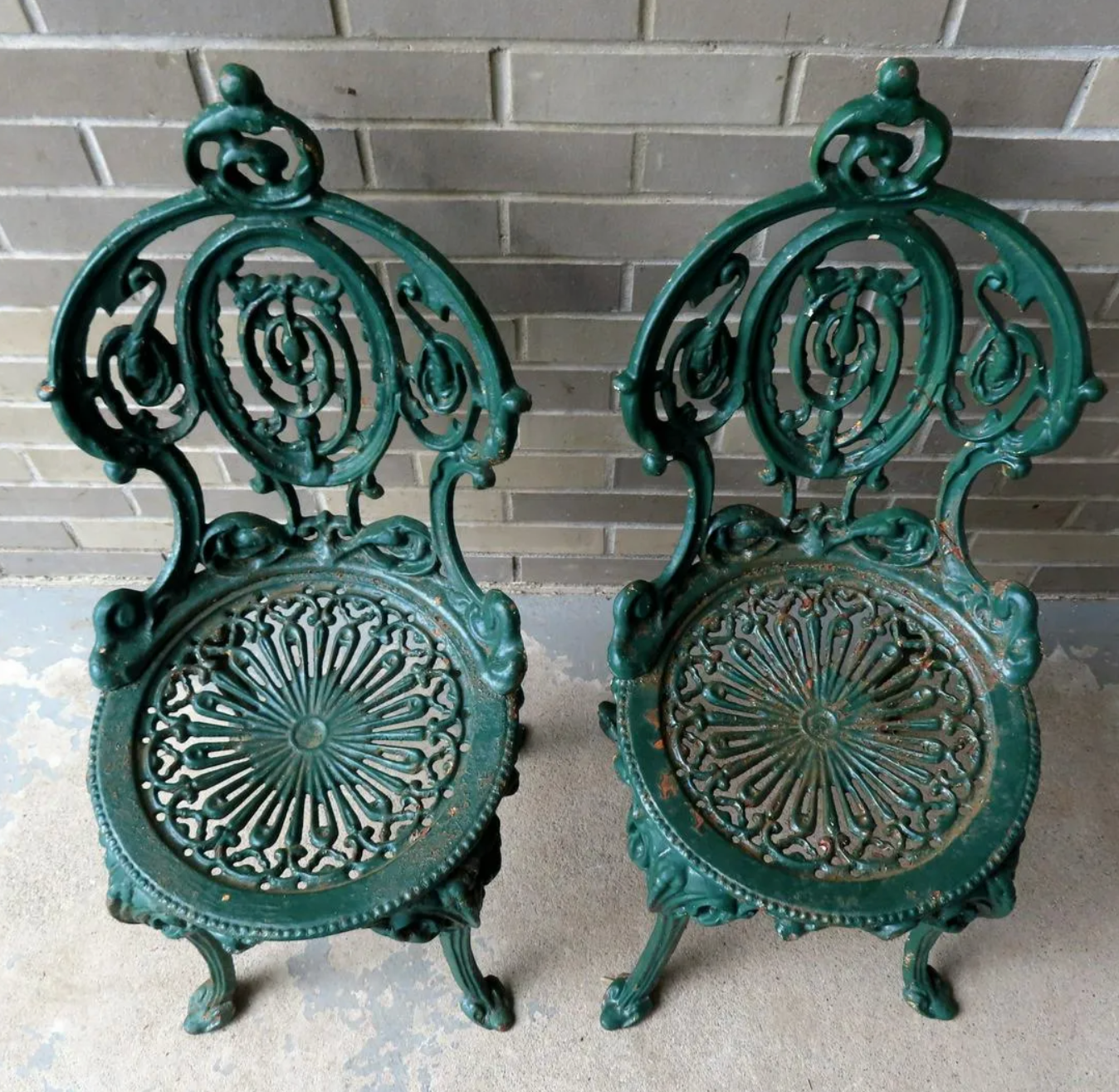 Pair of Fancy Cast Iron Garden Chairs w/ Pierced Back and Seats