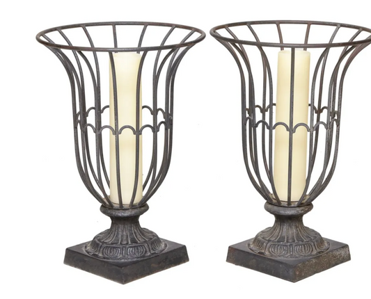 Pair of Large Iron Urn Formed Candle Holders
