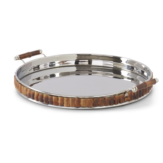 Silver Metal & Bamboo Double Handle Tray