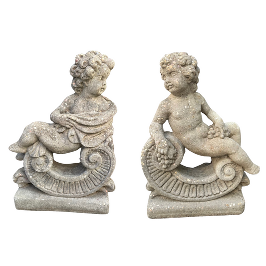 Pair of Cast Stone Allegorical Putti Garden Figures