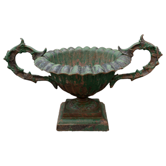 Cast Iron Green Garden Urn with Square and Steeped Plinth
