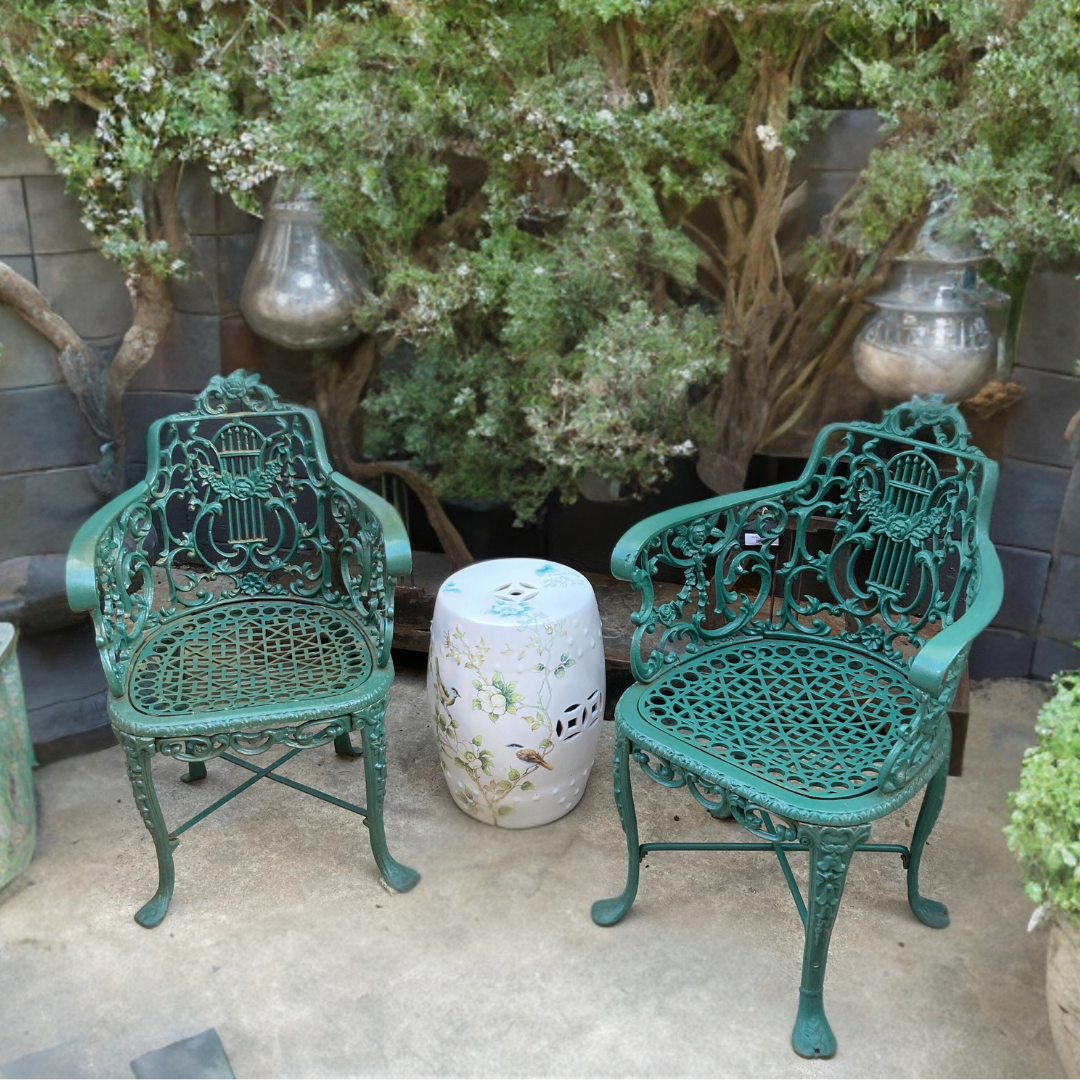 American Painted Cast Iron Garden Chairs with Arms, Set of Six