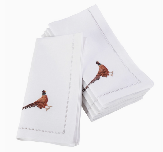 Embroidered Pheasant Hemstitch Napkins