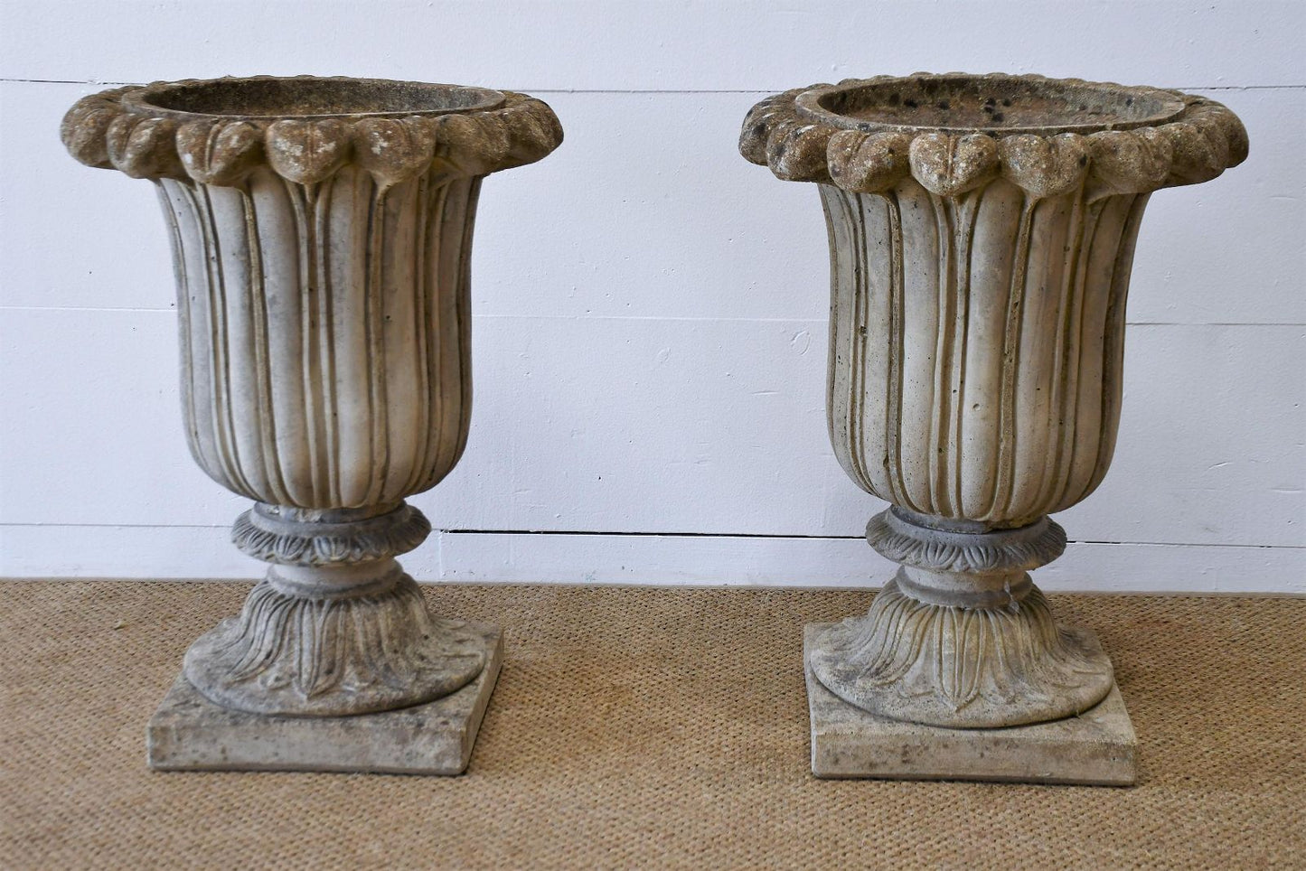 Pair of English Concrete Lotus Urns