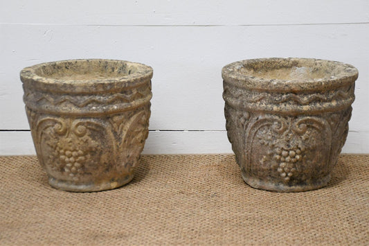Pair of English Concrete Planters w/ Grape Cluster