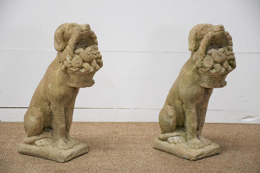 Pair of Concrete Whippet Dogs w/ Flower Baskets