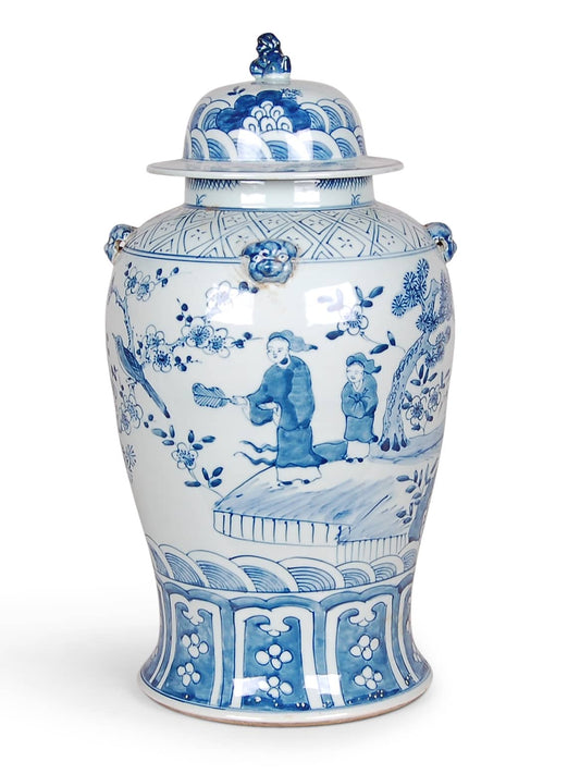 Blue and White Figures Ginger Jar, 18"