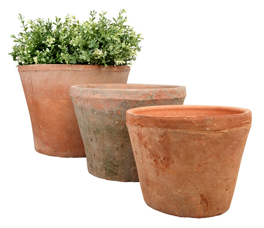 Aged Terracotta Set of 3 Round Flower Pots - Large
