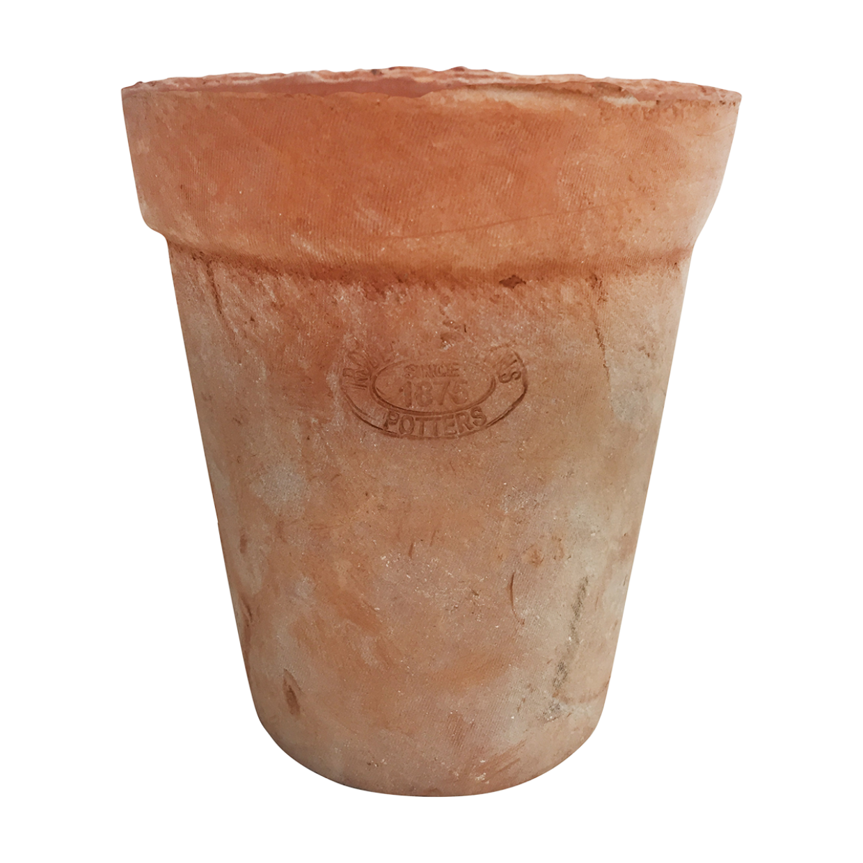 The "Aged Terracotta Long Tom Pot" showcases Tuscan-themed charm with its weathered, cylindrical design, broad rim, and textured surface. A circular embossed logo graces the center, while its earthy tones and rustic appearance enhance your garden's allure.