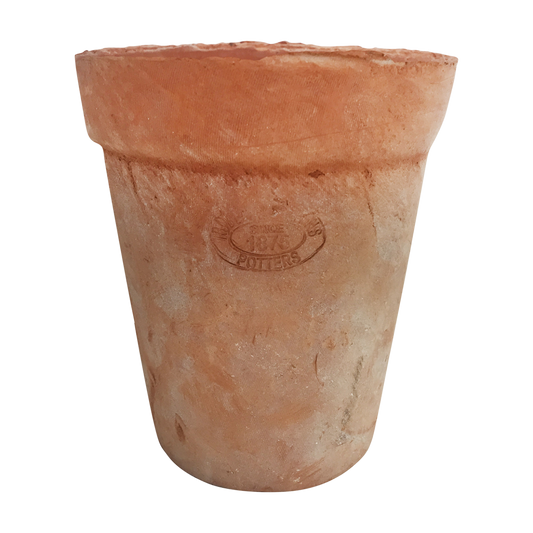 The "Aged Terracotta Long Tom Pot" showcases Tuscan-themed charm with its weathered, cylindrical design, broad rim, and textured surface. A circular embossed logo graces the center, while its earthy tones and rustic appearance enhance your garden's allure.