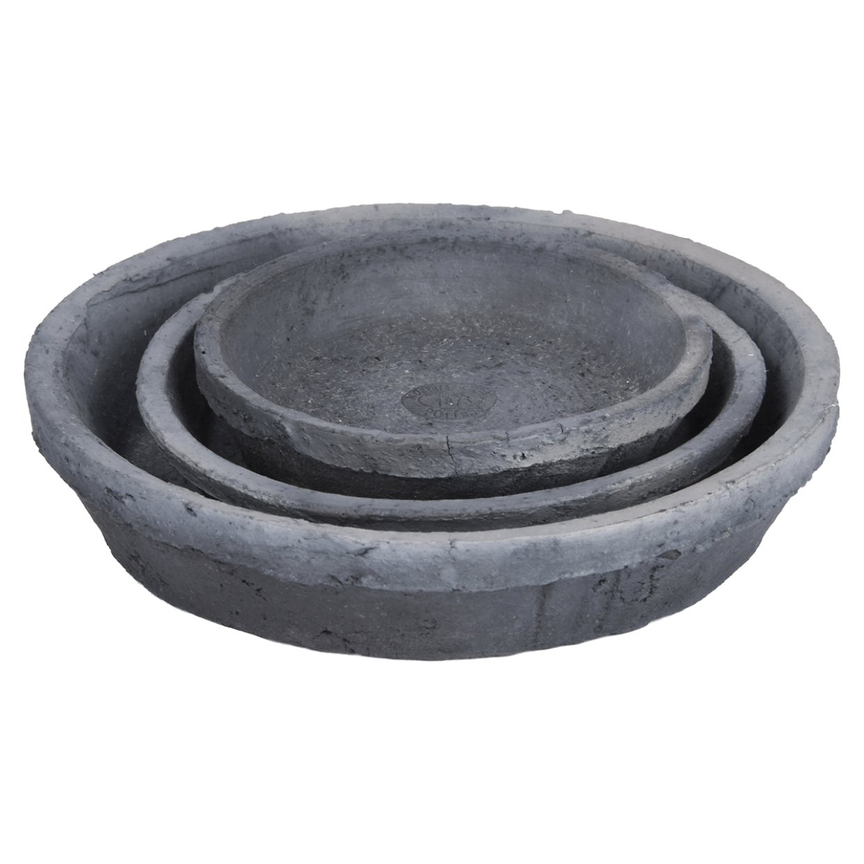 A set of three Aged Terracotta Round Saucers in charcoal, including the Small (Petite) size, are nestled together to create a concentric display. Featuring a rough texture with rustic and handmade appeal, these pieces are perfect for enhancing any Tuscan-themed decor.