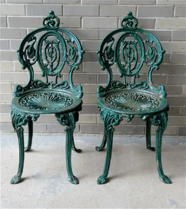 Pair of Fancy Cast Iron Garden Chairs w/ Pierced Back and Seats