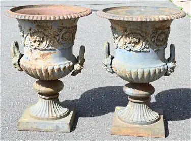 Pair of Iron Urns on Square Bases with Handles