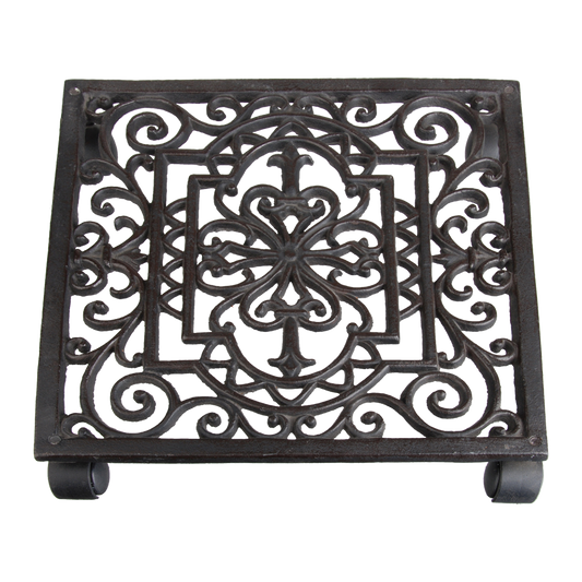 Square Filigree Plant Trolley, Cast Iron, Antique Brown