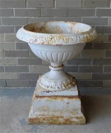 White Cast Iron Urn with Steeped Plinth