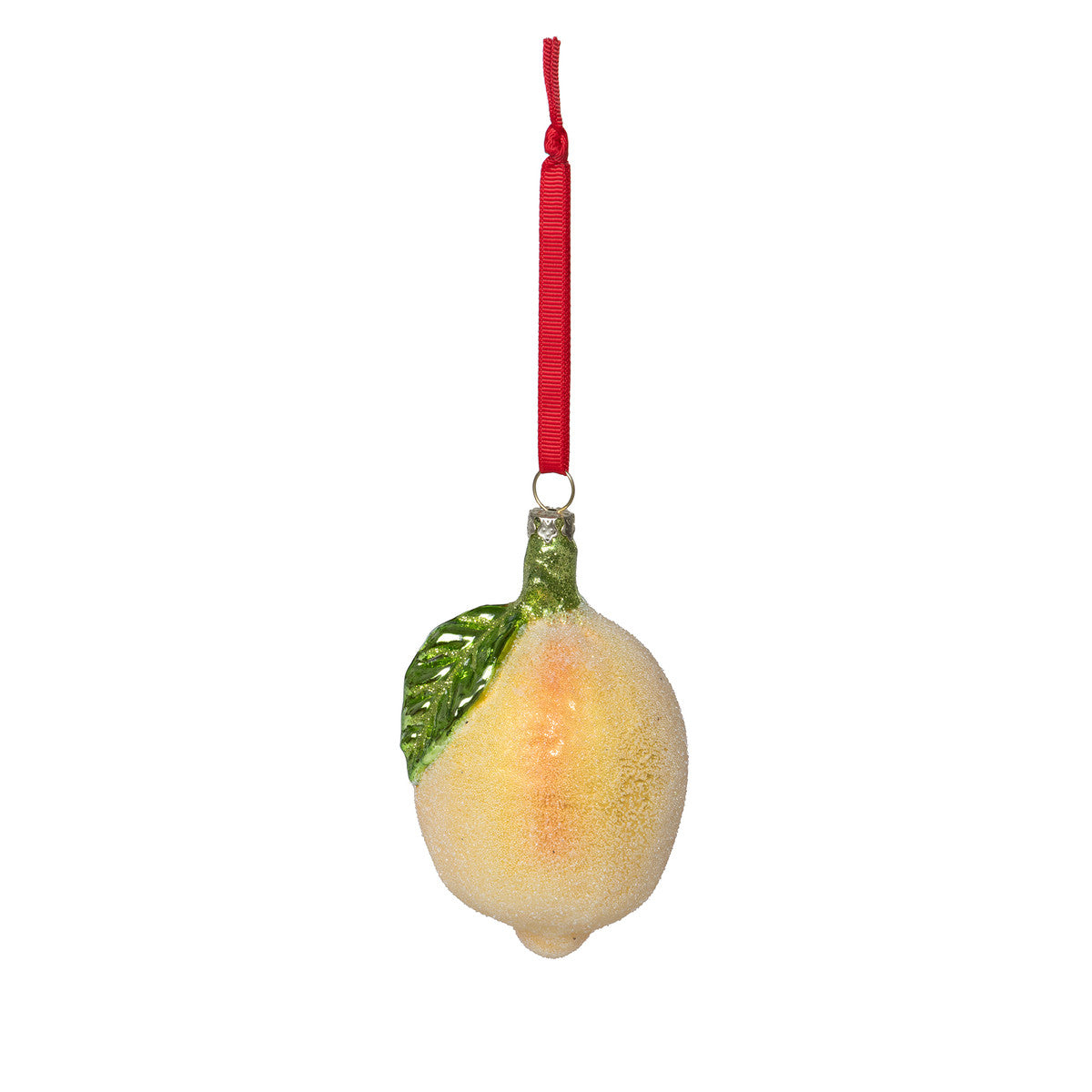 Glass Lemon Ornament Hanging From Red Ribbon