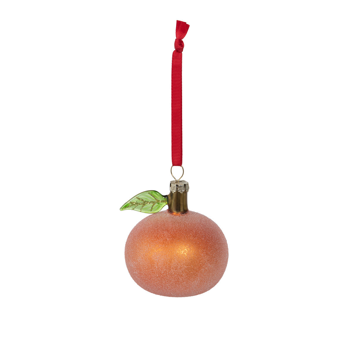 Glass Orange Apple Ornament Hanging From Red Ribbon