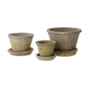Aged Clay Cactus Pots + Saucers, Antique Blackstone, Set of 3 (6 pieces total)