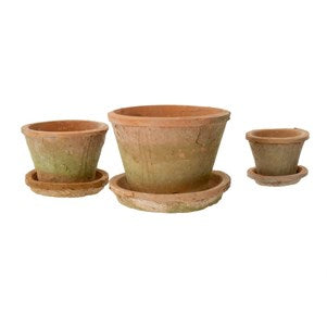 Aged Clay Cactus Pots + Saucers, Antique Redstone, Set of 3 (6 total pieces)
