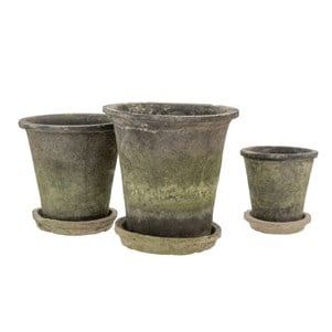 Aged Clay Pots + Saucers, Antique Blackstone, Set of 3 (6 pieces total)