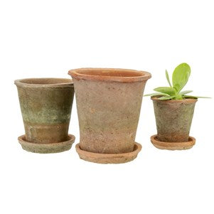 Aged Clay Pots + Saucers, Antique Redstone, Set of 3 (6 pieces total)