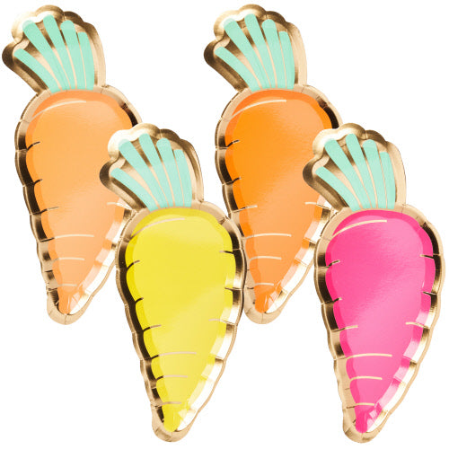 Check out the charming Carrot Paper Plate Hoppy Easter set, featuring adorable, colorful carrot-shaped plates in pastel shades of orange, yellow, and pink. Adorned with gold trim and teal carrot tops, these plates come in a pack of 8 and are perfect for adding a whimsical touch to your springtime celebrations.