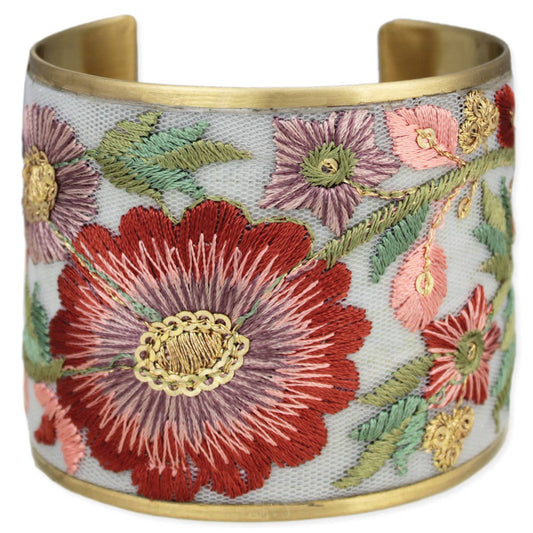 Floral Embroidered Cuff Bracelet - Light Blue