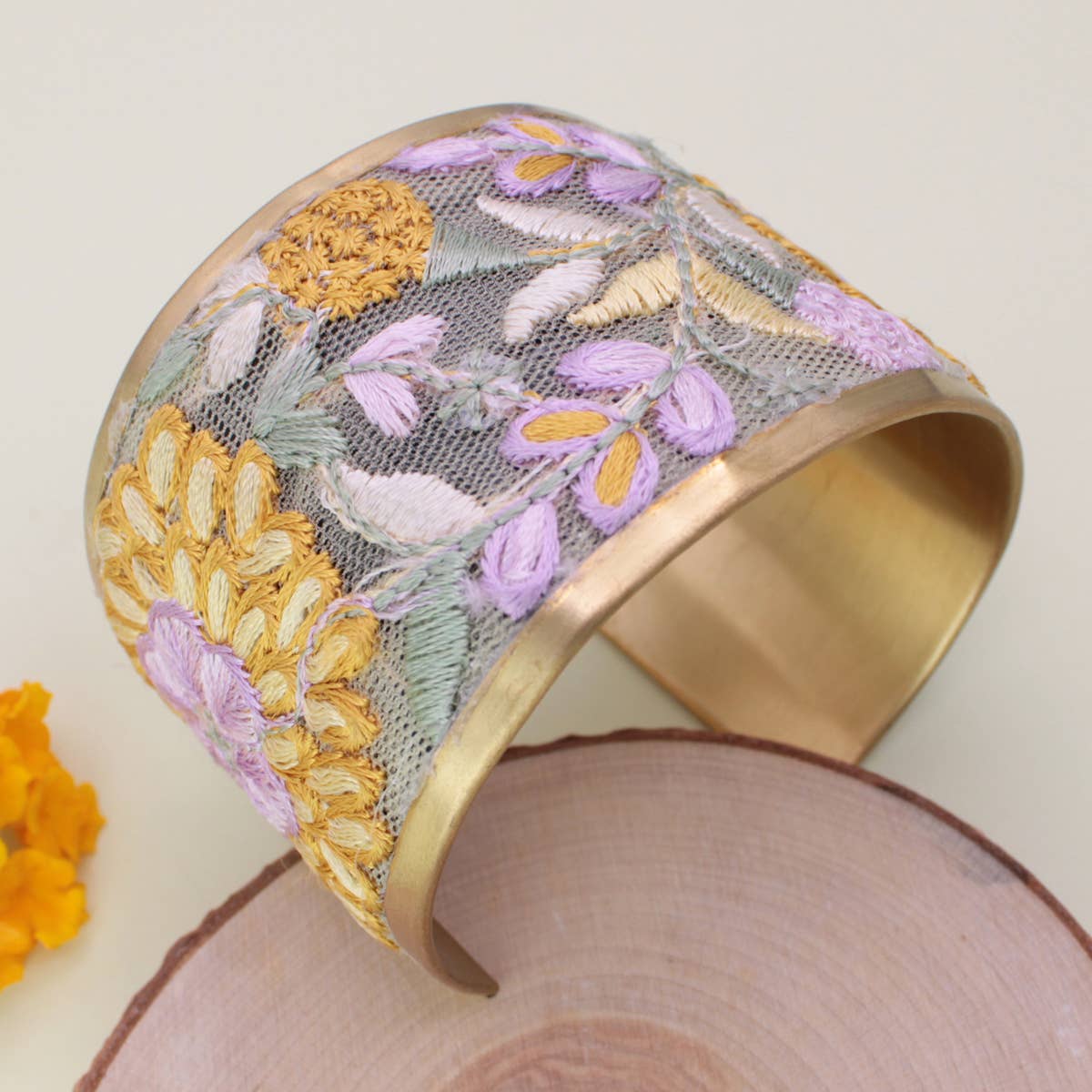 Floral Embroidered Cuff Bracelet  - Lavender & Yellow
