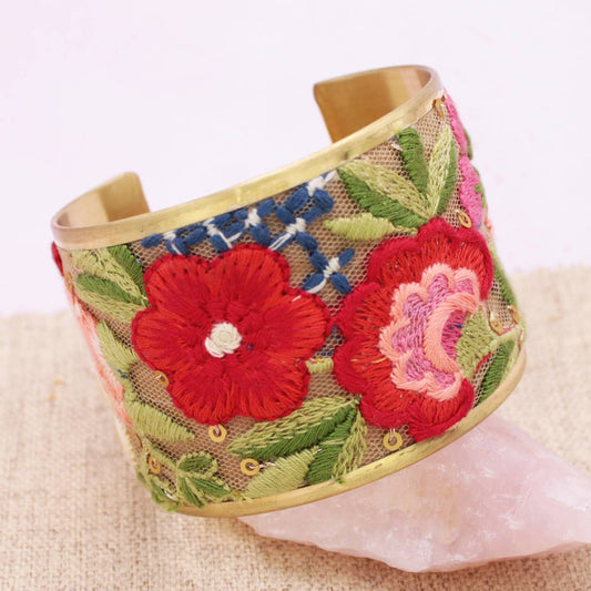 Floral Embroidered Cuff Bracelet - Red