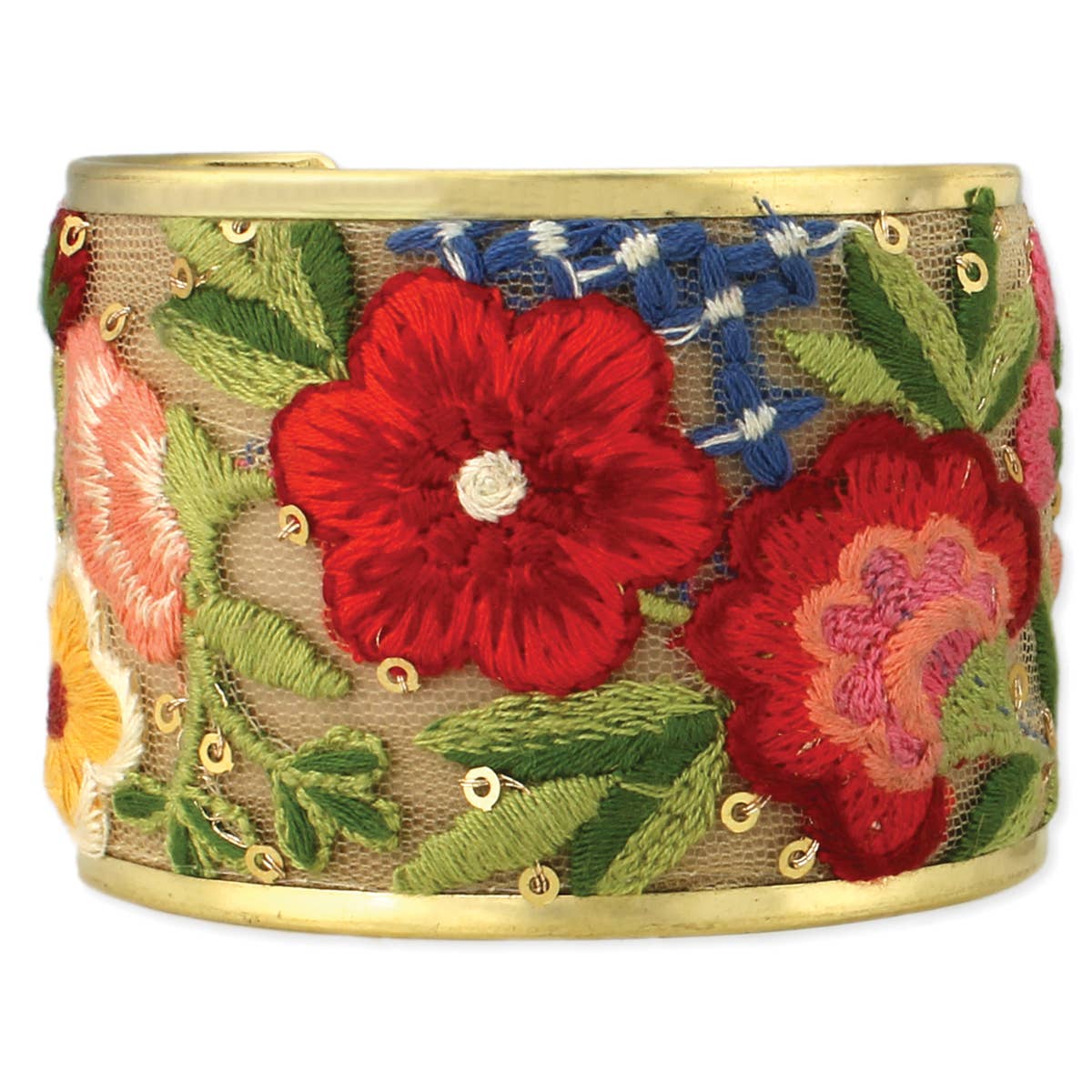 Floral Embroidered Cuff Bracelet - Red