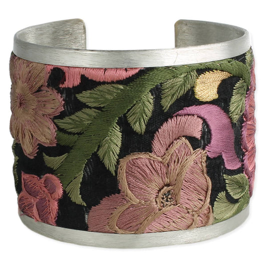 Floral Embroidered Cuff Bracelet - Purple