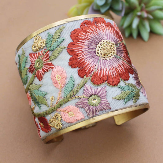 Floral Embroidered Cuff Bracelet - Light Blue