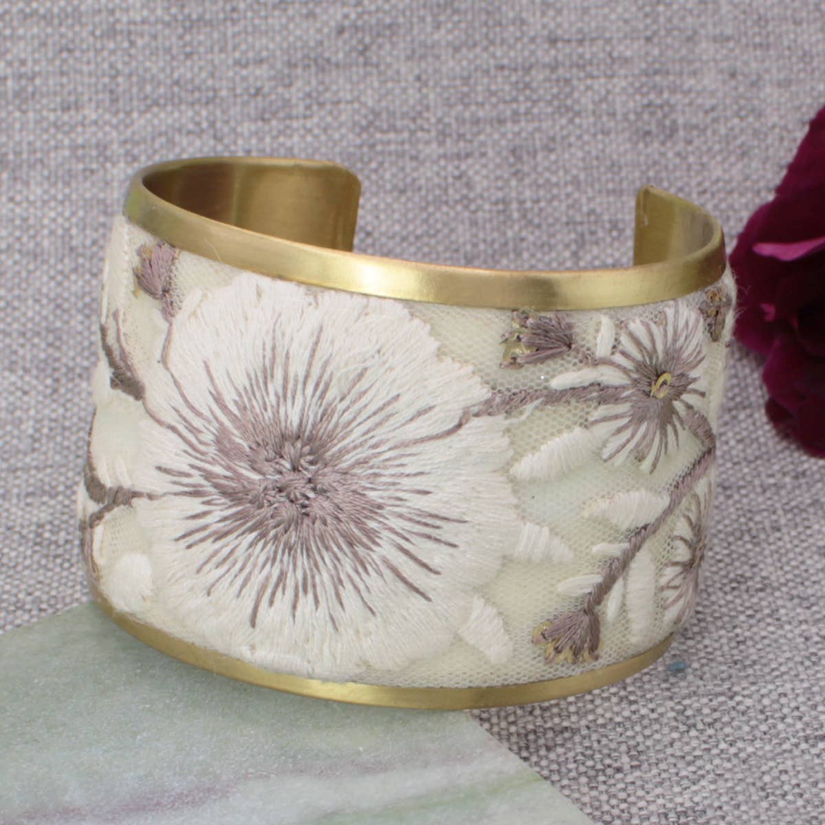 Floral Embroidered Cuff Bracelet - Cream