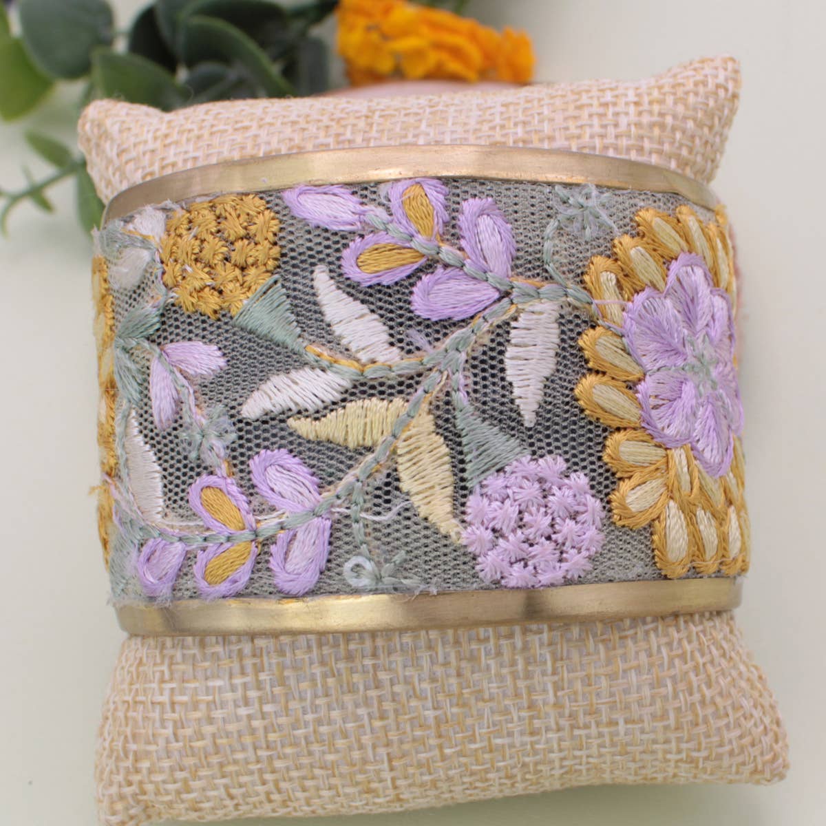 Floral Embroidered Cuff Bracelet  - Lavender & Yellow