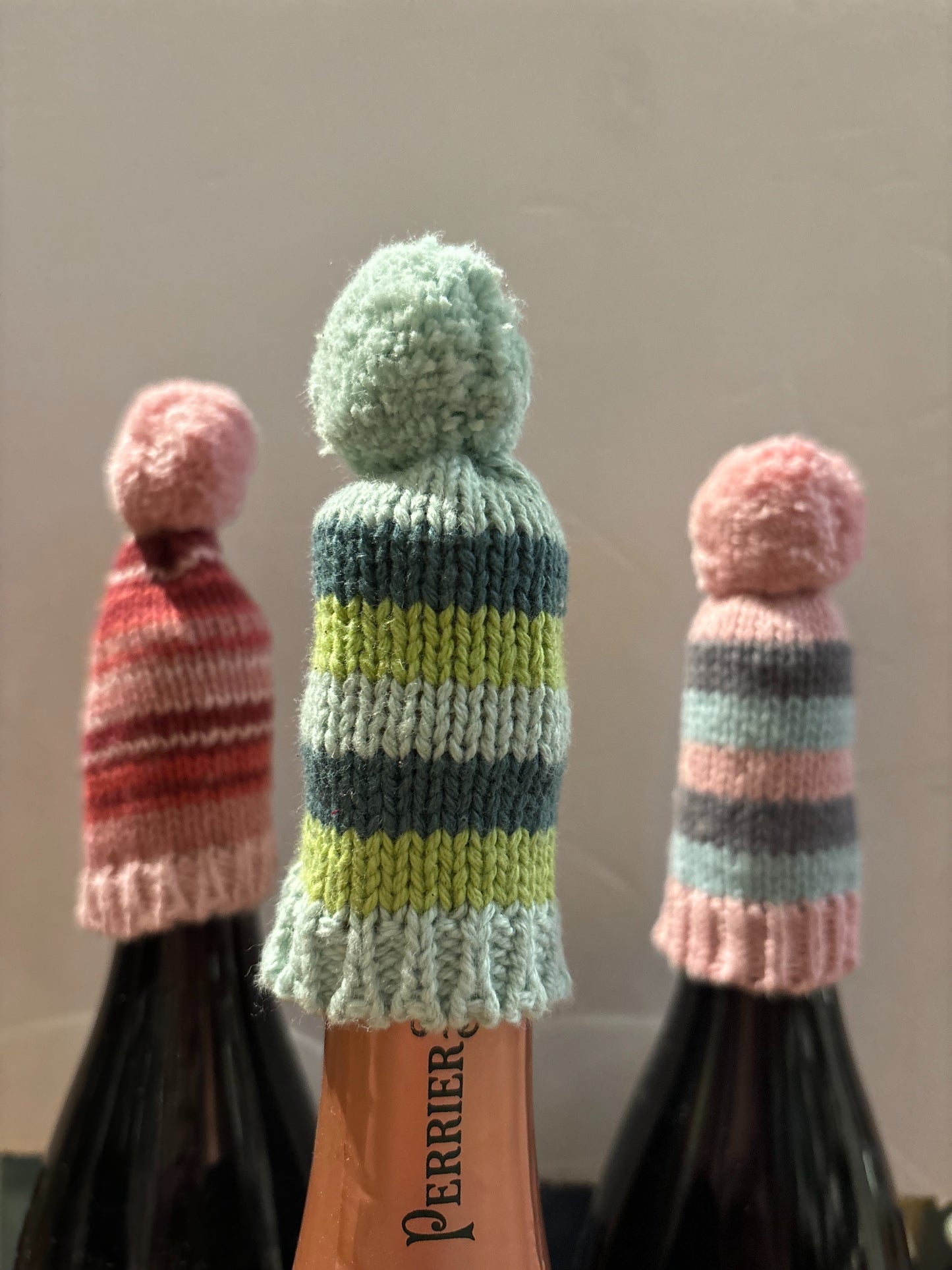 Knit Striped Pom-Pom Toboggan Hat Bottle Topper - 4"