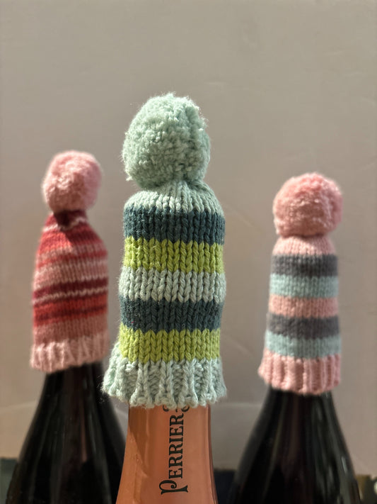 Knit Striped Pom-Pom Toboggan Hat Bottle Topper - 4"