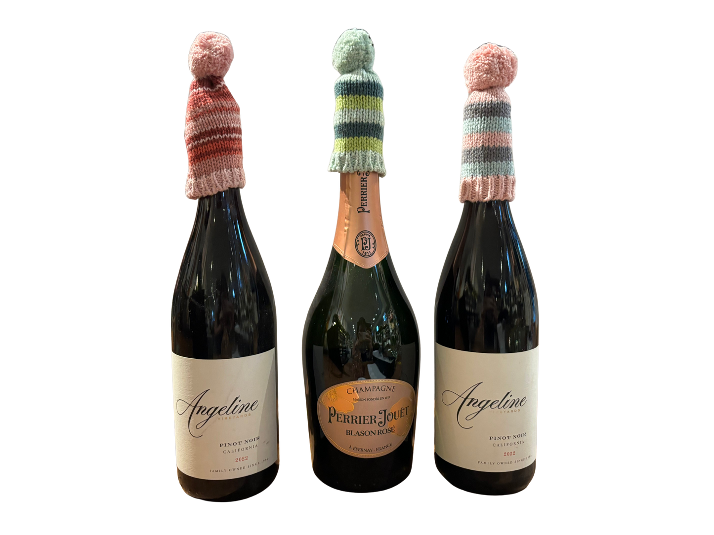 Knit Striped Pom-Pom Toboggan Hat Bottle Topper - 4"