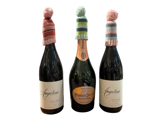 Knit Striped Pom-Pom Toboggan Hat Bottle Topper - 4"