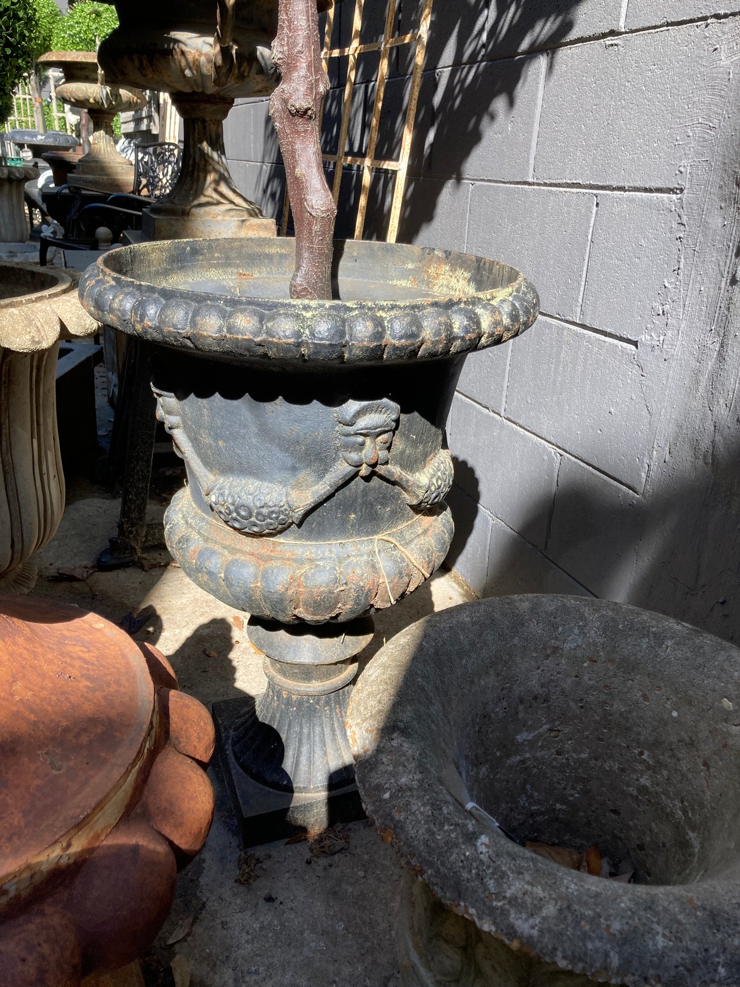 Cast Iron Garden Urn with Swag Decoration