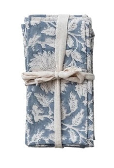 Block Printed Cotton/Linen Flower Napkins, Set of 4