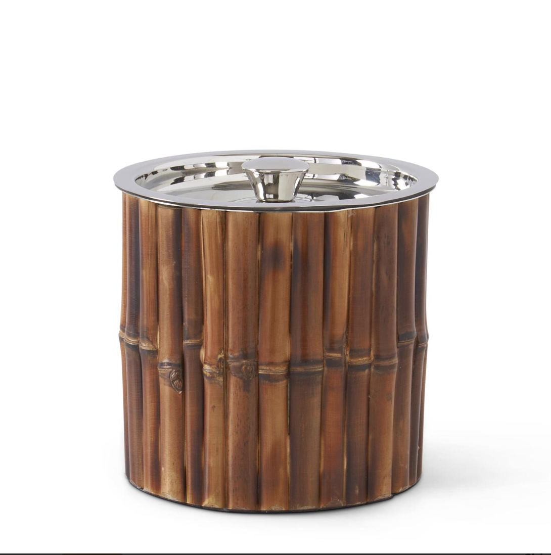 Silver Metal & Bamboo Ice Bucket