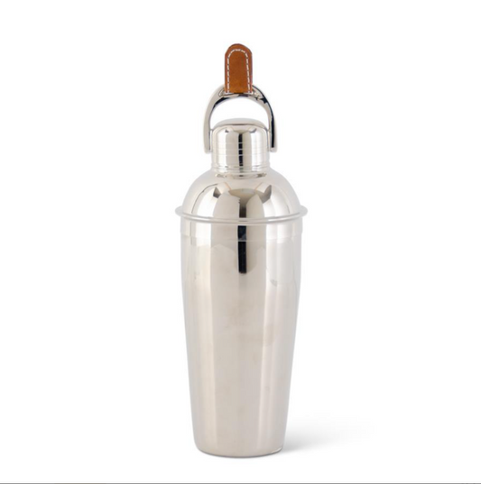 Silver Cocktail Shaker w/Brown Leather Tassel