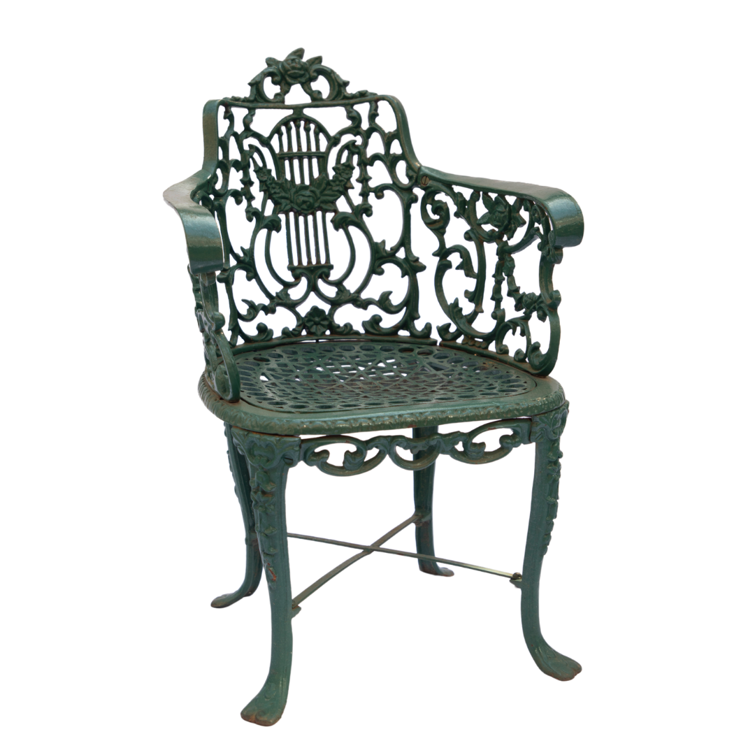 American Painted Cast Iron Garden Chairs with Arms, Set of Six